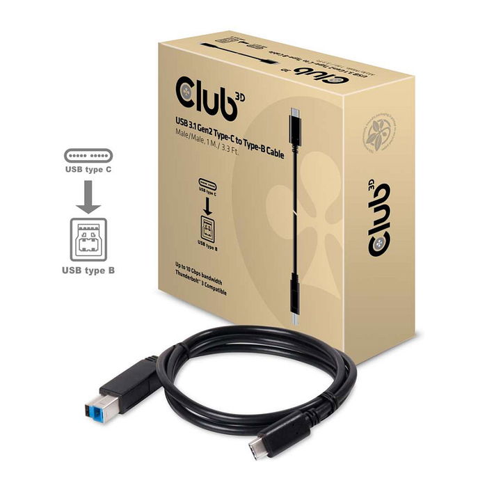 Club 3D Cable USB 3.1 Tipo C a Tipo B de 1 metro, Conectores de Acero Inoxidable