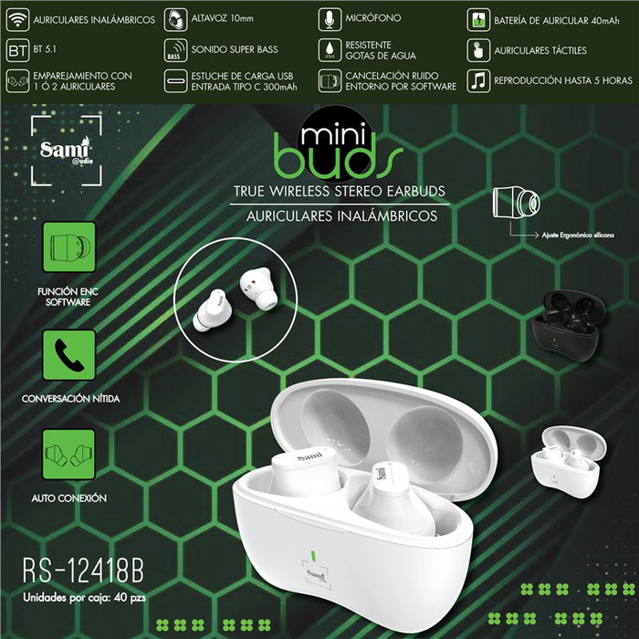 SAMI Auriculares TWS Mini Buds Bluetooth Inalambricos con Cargador Portatil 40mAh 300mAh