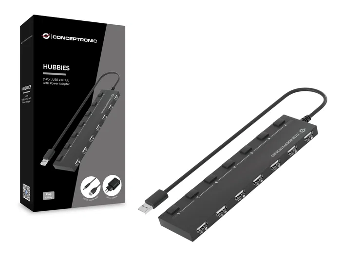 Conceptronic HUBBIES08BP Hub USB 2.0 de 7 Puertos 480 Mbps con Adaptador de Corriente, Negro