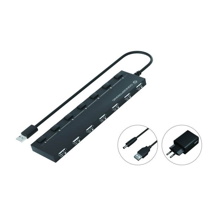 Conceptronic HUBBIES08BP Hub USB 2.0 de 7 puertos con adaptador de corriente Conceptronic HUBBIES08BP Hub USB 2.0 de 7 puertos con adaptador de corriente