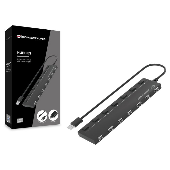 Conceptronic HUBBIES08BP Hub USB 2.0 de 7 puertos con adaptador de corriente Conceptronic HUBBIES08BP Hub USB 2.0 de 7 puertos con adaptador de corriente
