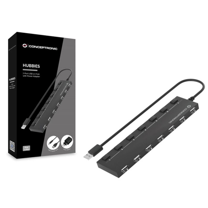 Conceptronic Hub USB de 7 Puertos 2.0 con Adaptador de Alimentación