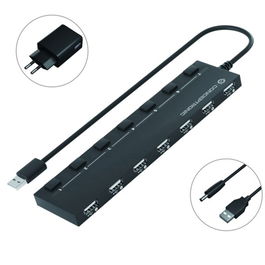 Conceptronic Hubbies08 7 - Hub USB 2.0 de 7 Puertos con Alimentación Externa, Imanes, Interruptores Individuales y Cable 90 cm, Compatible con Windows y Mac OS, Negro