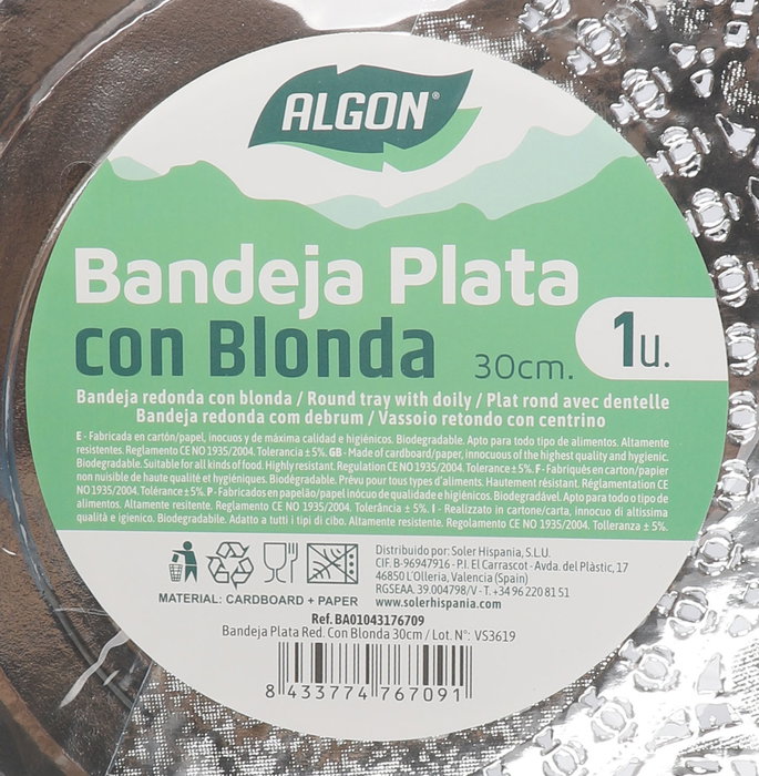 Algon Bandeja Redonda de Plata con Blonda 30 cm (30 Unidades)