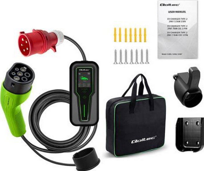 Qoltec 2w1 Typ2 Cargador de coche portátil 11kW Trifásico 5m
