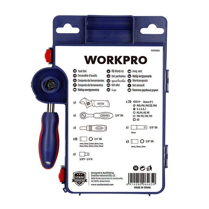 Workpro Juego de vasos con carraca, mango y llave ajustable, 38 piezas