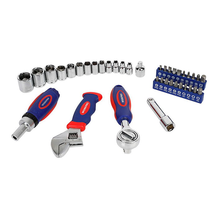 WORKPRO Juego de 38 Piezas con Vasos, Carraca Compacta 3/8", Mango, Llave Ajustable y Puntas de Destornillador (Puntas H, Planas, Torx y Vasos métricos de 1/4" y 3/8")