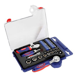 WORKPRO Juego de 38 Piezas con Vasos, Carraca Compacta 3/8", Mango, Llave Ajustable y Puntas de Destornillador (Puntas H, Planas, Torx y Vasos métricos de 1/4" y 3/8")