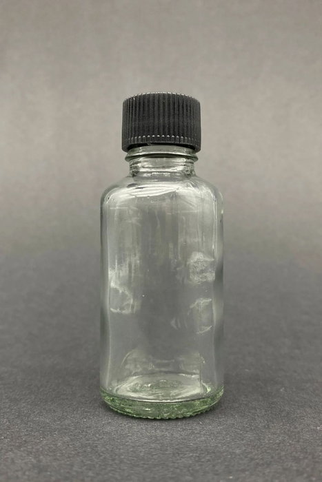 Hermia Juego de 12 Botellas de Vidrio Transparente 30 ml con Tapa Negra para Aceite y Vinagre