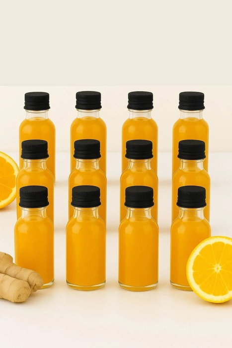 Hermia Juego de 12 Botellas de Vidrio Transparente 30 ml con Tapa Negra para Aceite y Vinagre