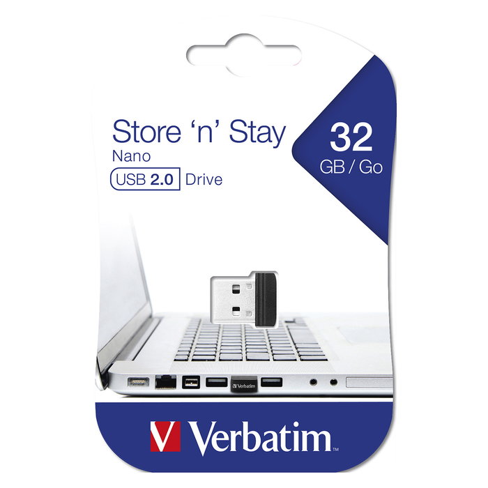 Verbatim Store 'n' Stay Nano USB 2.0 Stick 32GB Negro - Unidad Flash sin Tapa, Lectura 10 MB/s, 14.8 x 17.1 x 7.7 mm