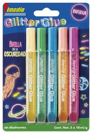 Imedio Adhesivo Glitter Glue Brilla En La Oscuridad Tubo 10 mL Blíster 5 C-Surtidos