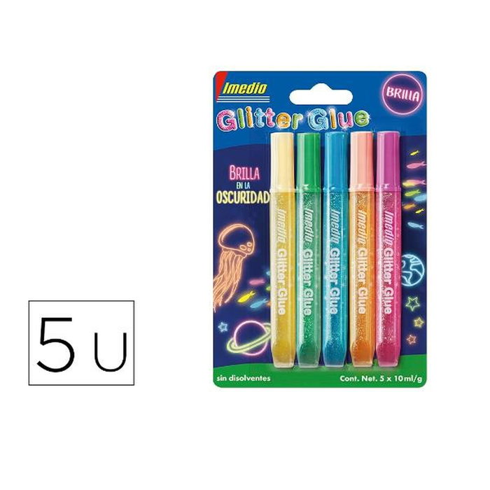Imedio Glitter Glue Brilla en la Oscuridad, Pack de 5 Tubos de 10ml Surtidos Imedio Glitter Glue Brilla en la Oscuridad, Pack de 5 Tubos de 10ml Surtidos