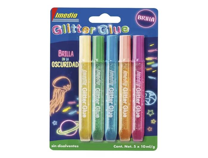 Imedio Glitter Glue Brilla en la Oscuridad, Pack de 5 Tubos de 10ml Surtidos Imedio Glitter Glue Brilla en la Oscuridad, Pack de 5 Tubos de 10ml Surtidos