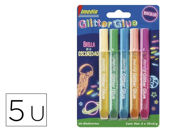 Imedio Glitter Glue Brilla en la Oscuridad, Pack de 5 Tubos de 10ml Surtidos Imedio Glitter Glue Brilla en la Oscuridad, Pack de 5 Tubos de 10ml Surtidos