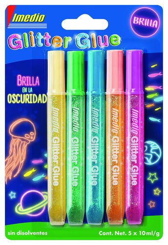 Imedio Glitter Glue Brilla en la Oscuridad, Pack de 5 Tubos de 10ml Surtidos Imedio Glitter Glue Brilla en la Oscuridad, Pack de 5 Tubos de 10ml Surtidos