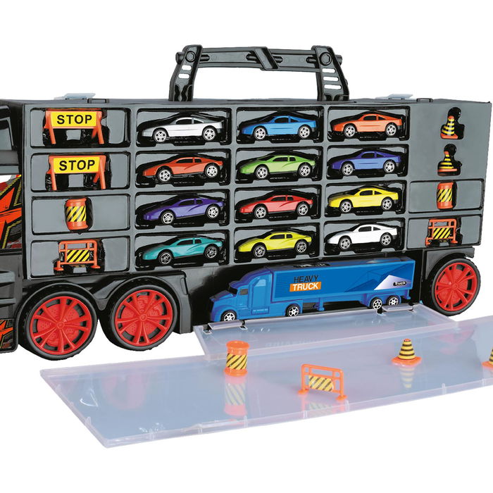 Tachan Camión XL Portacoches Diecast con 12 Coches, Señales de Tráfico y Camión Incluidos, Juguete +3 Años
