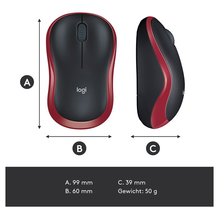 Logitech M185 - Ratón inalámbrico óptico ambidiestro, 1000 DPI, color rojo, compatible con Windows, macOS, Linux y ChromeOS