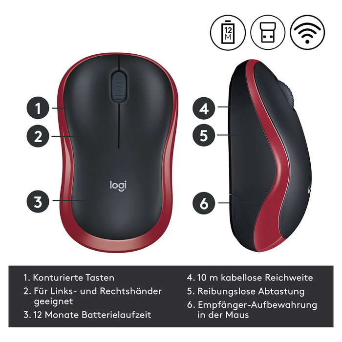 Logitech M185 - Ratón inalámbrico óptico ambidiestro, 1000 DPI, color rojo, compatible con Windows, macOS, Linux y ChromeOS