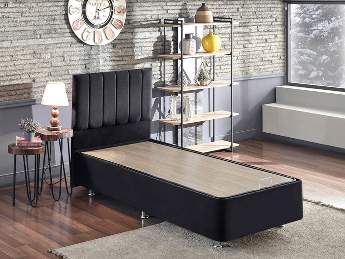 Hanah Home Somier y Cabecero Individual Negro Ela Single (100 x 200 cm) con Arcón Incluido, Estructura de Acero y Tejido 100% Soho