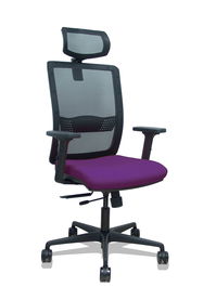 Silla de oficina Haches con mecanismo Sincro/Traslack tapizada con Tela color Morado y malla color Negro. Equipada con lumbar 1D, Brazos 2D, Cabecero 2D y Ruedas 65mm nailon