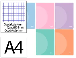Liderpapel Libreta A4 Tapa Plástico 48 Hojas 90gr Cuadro 4mm Con Margen Colores Pastel Surtidos