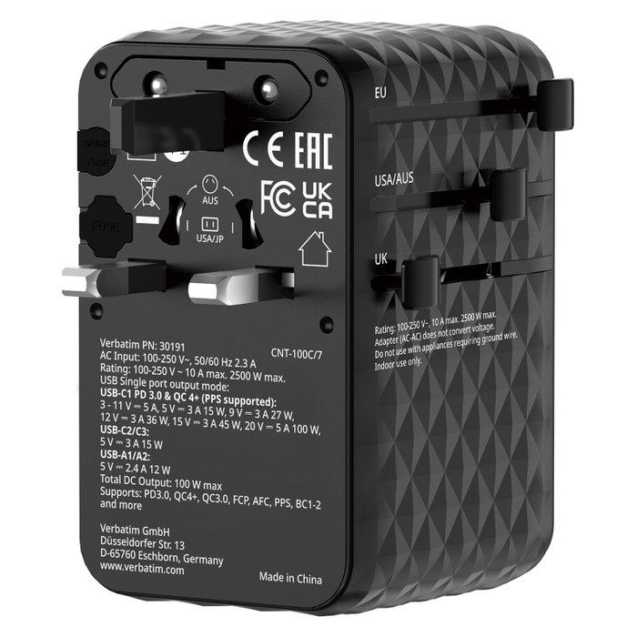 Verbatim Charge 'n' Travel Adaptador de Viaje Universal GaN III 100W con Cable USB-C Retráctil