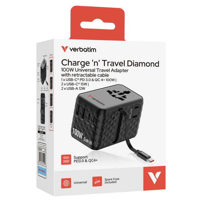Verbatim Charge 'n' Travel Adaptador de Viaje Universal GaN III 100W con Cable USB-C Retráctil