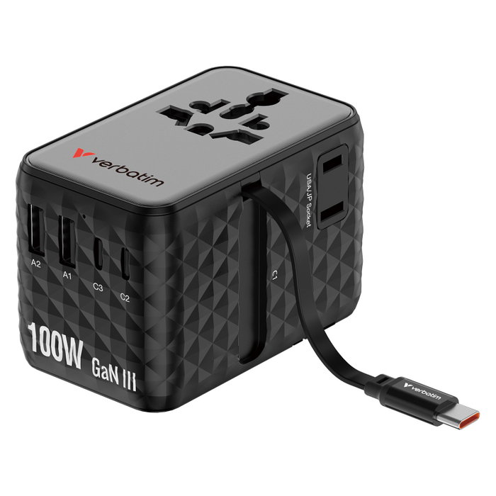 Verbatim Charge 'n' Travel Adaptador de Viaje Universal GaN III 100W con Cable USB-C Retráctil