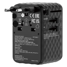 Verbatim Adaptador de Viaje Universal Charge 'n' Travel 100W GaN III con Cable USB-C Retráctil, Negro