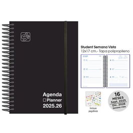 Agenda Anual (2025-26) Senfort 16 Meses Student Unicolor Espiral Tapa Pp Con Goma 120X170 S/V Negro
