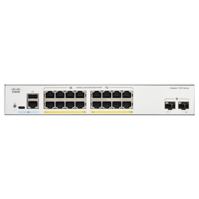 Cisco Switch Gestionado CATALYST 1300 C1300-16FP-2G, 16 Puertos Gigabit Ethernet, L2/L3, 2 SFP