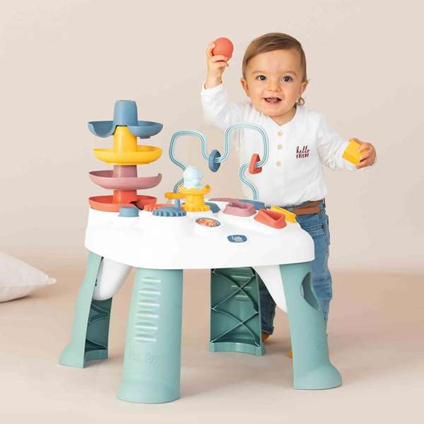 Smoby Little - Mesa de Actividades con Ábaco, 3 Engranajes, Rampa para Pelotas, Rodillo y Espejo, Juguete Educativo para Niños +1 Año