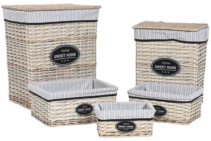 DKD Home Decor Cesta Ropa Shabby Natural Negro Mimbre Tela Set 5 Piezas 47 x 35 x 55 cm