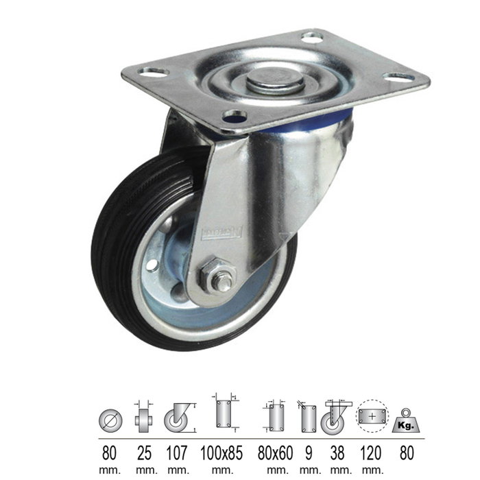 WOLFPACK LINEA PROFESIONAL Rueda Industrial de Goma Negra con Placa de 80 mm WOLFPACK LINEA PROFESIONAL Rueda Industrial de Goma Negra con Placa de 80 mm