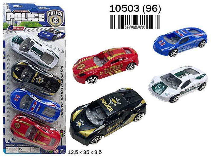 Rama - Coche de Policía Juguete en Blister, Pack 4 Piezas, 12.5x35x3.5 cm, para niños a partir de 3 años