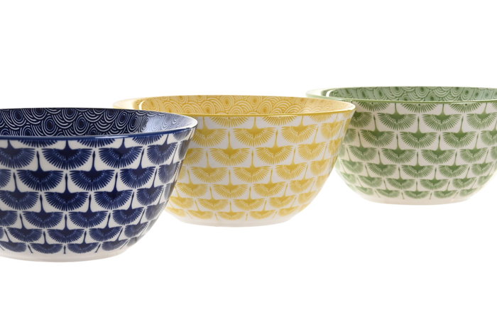 DKD Home Decor Set de 3 Cuencos de Porcelana Hechos a Mano, 650ml, Colores Surtidos