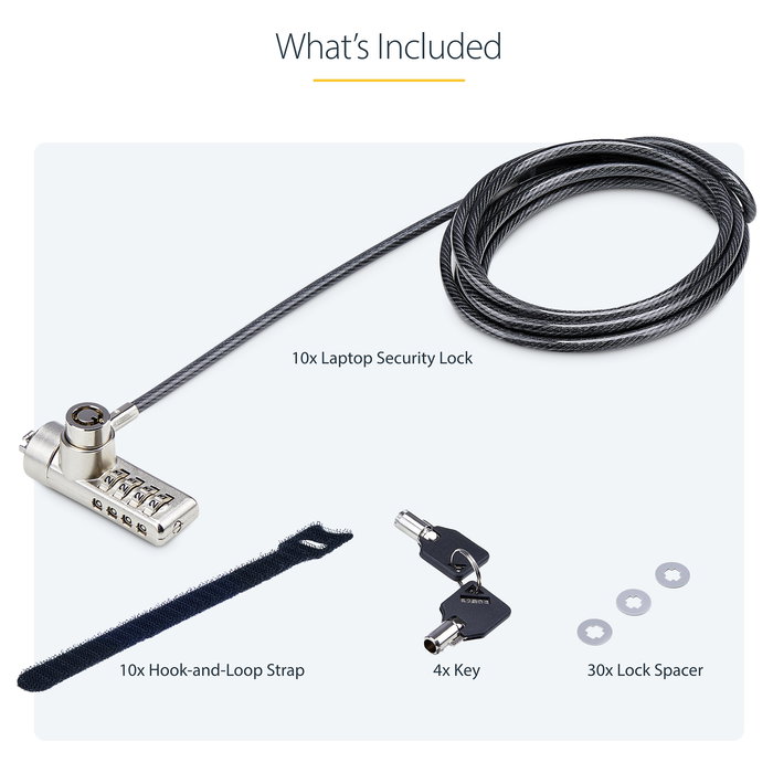 StarTech.com Paquete de 10 Candados K-Slot para Portátil con Llave y Combinación - Cables de Seguridad de Acero de 2 m Antirrobo, Negro