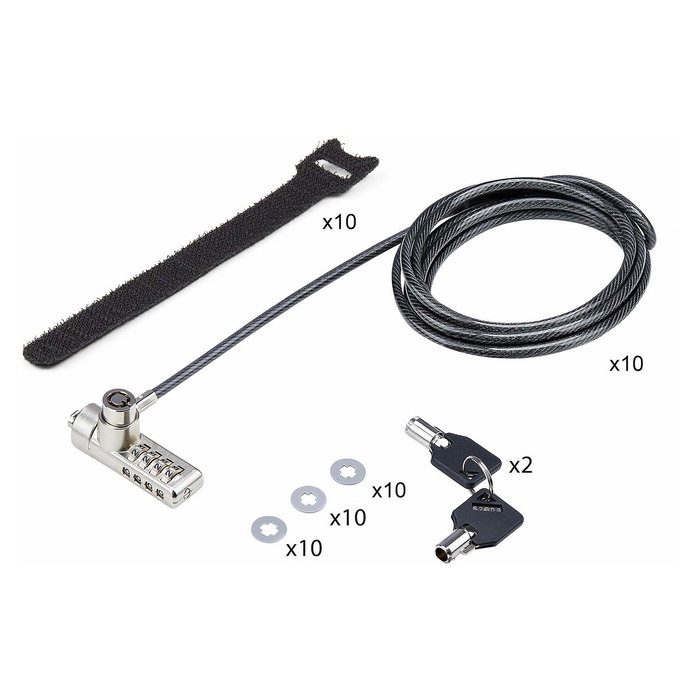 StarTech.com Paquete de 10 Candados K-Slot para Portátil con Llave y Combinación - Cables de Seguridad de Acero de 2 m Antirrobo, Negro