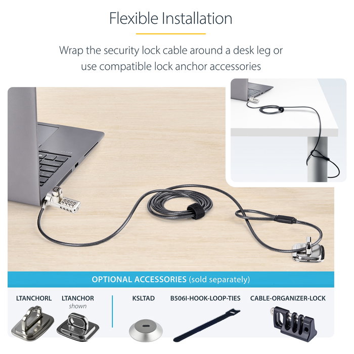 StarTech.com Paquete de 10 Candados K-Slot para Portátil con Llave y Combinación - Cables de Seguridad de Acero de 2 m Antirrobo, Negro