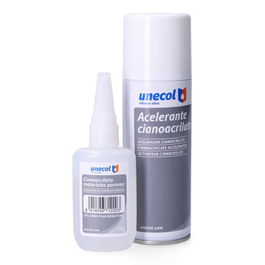 Unecol A7156 Kit Acelerante + Ciano M. Porosos, Bot. 50 G + Aeros. 200 Ml Uniones Materiales Porosos y Verticales Pegado Instantáneo