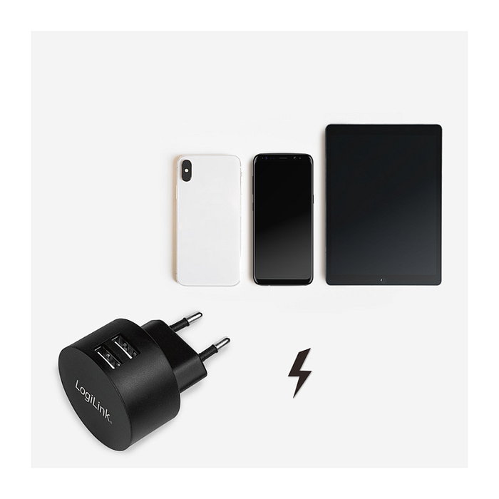 LogiLink PA0218 Adaptador de Enchufe USB 2 Puertos, Carga Rápida 10.5W 5V/2.1A, Negro, 100-240V, Interior