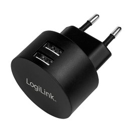 LogiLink PA0218 Adaptador de Enchufe USB 2 Puertos, Carga Rápida 10.5W 5V/2.1A, Negro, 100-240V, Interior