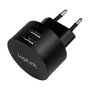 LogiLink PA0218 Adaptador de Enchufe USB 2 Puertos, Carga Rápida 10.5W 5V/2.1A, Negro, 100-240V, Interior