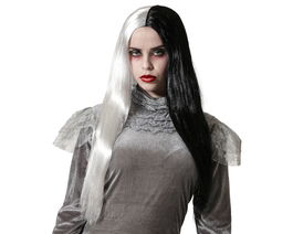 Peluca Vampiresa Blanco Y Negro Larga Lisa Morena Adulto Halloween 60cm