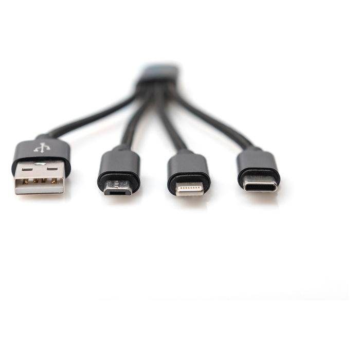 DIGITUS Cable de Carga 3 en 1 USB A Lightning, Micro USB y USB-C