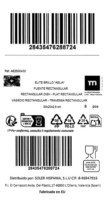 La Mediterranea Fuente Rectangular Aelia Elite Brillo 30x20cm