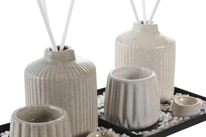 DKD Home Decor Set de 3 (6 Unidades) Ambientador Mikado Blanco Crudo Cerámica Piedras 14 x 10 x 14 cm