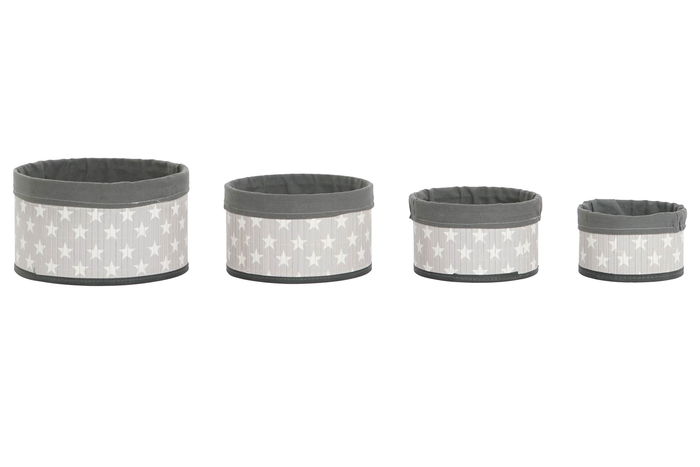 DKD Home Decor Cesta Tradicional Gris Blanco 30x17x30 cm Bambu Poliester Algodon MDF Estrellas Set 4 Piezas