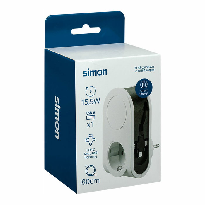 Simon Adaptador con 3 conectores USB, 1 USB-A y 1 toma Schuko blanco
